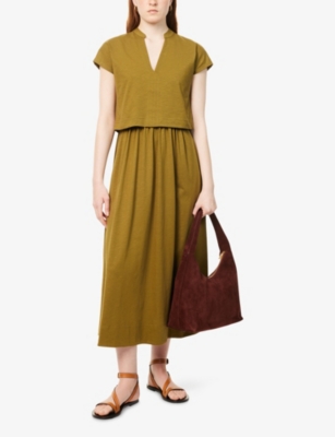 Me And Em Womens  Overlay-top V-neck Cotton-jersey Midi Dress In Deep Golden Olive