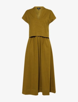 Me And Em Womens  Overlay-top V-neck Cotton-jersey Midi Dress In Deep Golden Olive