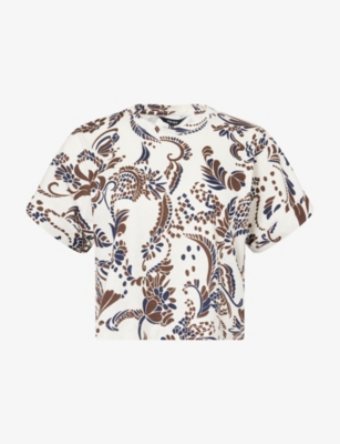 ME AND EM AND EM WOMENS LIGHT CREAM SUMMER C BOXY-FIT GRAPHIC-PATTERN COTTON-JERSEY TOP 