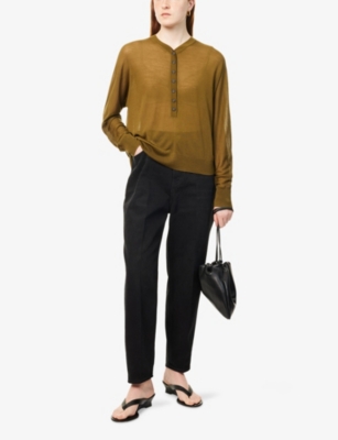 Me And Em And Em Womens Henley Ultra-fine Wool-knit Top Deep Golden Olive In Deep Golden Olive