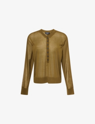 Me And Em And Em Womens Henley Ultra-fine Wool-knit Top Deep Golden Olive In Deep Golden Olive