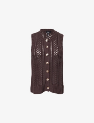 ME AND EM AND EM WOMENS SUMMER CHOCOLATE OPEN-STITCH BUTTON-THROUGH COTTON-KNIT VEST 