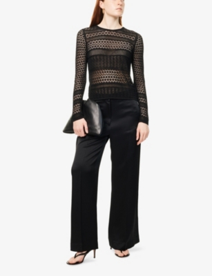 Me And Em Womens  Long-sleeve Open-knit Top In Black