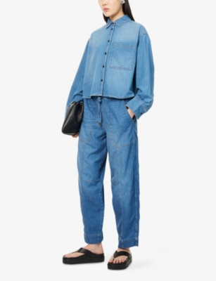 Shop Me And Em And Em Womens Washed Mid Blue Tapered-leg Lightweight Denim Trousers