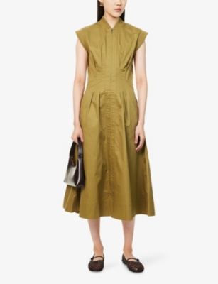 Me And Em And Em Womens Golden Olive Sporty Knit Trim-detail Cotton Midi Dress