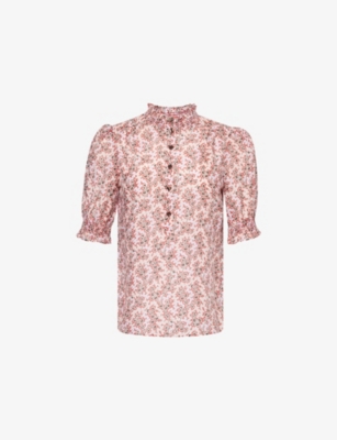ME AND EM: Climbing Bud Print Ruffle-Neck Silk-Cotton Blend Blouse