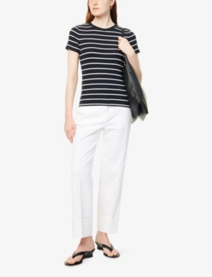 Me And Em Womens  Striped Ribbed Stretch-cotton Top In Navy Soft White