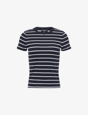 Me And Em Womens  Striped Ribbed Stretch-cotton Top In Navy Soft White