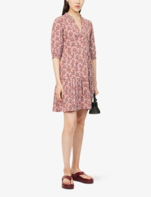 Me And Em And Em Womens Brick Pink Summer Ch Climbing Buds Print Tiered Slub Cotton Mini Dress