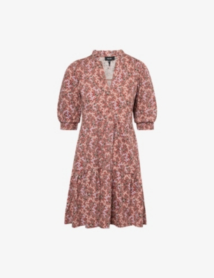 Me And Em And Em Womens Brick Pink Summer Ch Climbing Buds Print Tiered Slub Cotton Mini Dress