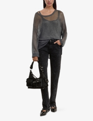The Kooples Womens Grey Silver Round-neck Relaxed-fit Metallic Knitted Jumper
