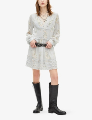 THE KOOPLES WOMENS BLUE FLORAL-PRINT LONG-SLEEVE WOVEN MINI DRESS XS 