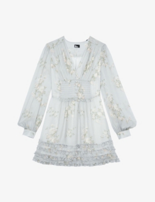 THE KOOPLES WOMENS BLUE FLORAL-PRINT LONG-SLEEVE WOVEN MINI DRESS XS 