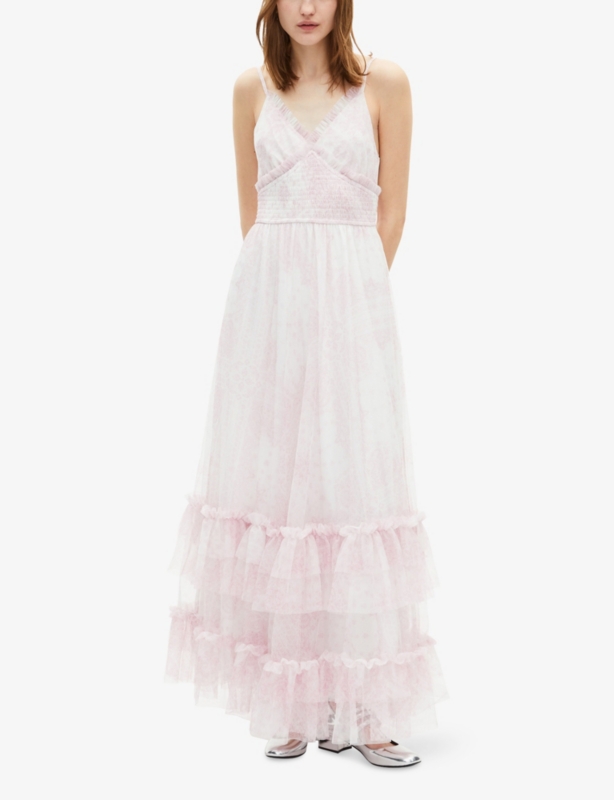 Faded Paisley-Print Ruffled Tulle Maxi Dress