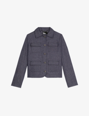 The Kooples Womens Patch-pocket Straight-fit Cotton-linen Jacket Blue In Blue