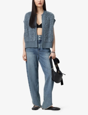 Allsaints Womens Slate Blue Elias Relaxed-fit Textured Knitted Gilet In Blue