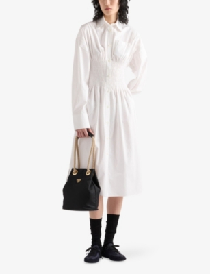 Prada Smocked Canvas Fit-and-flare Midi Shirt Dress