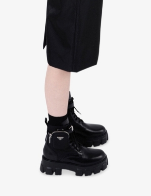 Prada Monolith Side Small Pocket Decorative Lacing Platform Martin Boots In Black