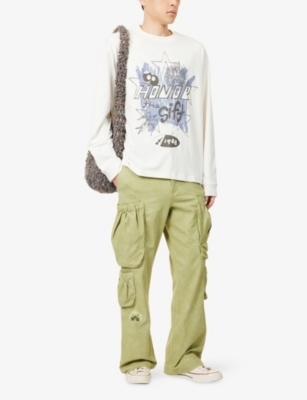 Honor The Gift Mens Green Text-embroidery Wide-leg Cotton Cargo Trousers In Green