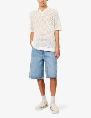 7 FOR ALL MANKIND ENS WHITE SHORT-SLEEVE CROCHET COTTON-KNIT POLO SHIRT 