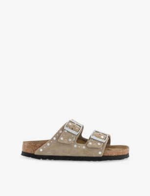 Birkenstock Arizona Rivet Border Taupe Suede Two Bar Mules