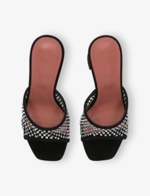 Shop Amina Muaddi Womens  Lupita 95 Crystal-mesh And Suede Heeled Mules