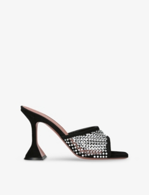 Shop Amina Muaddi Womens  Lupita 95 Crystal-mesh And Suede Heeled Mules