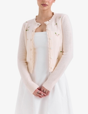 House Of Cb Of Cb Womens Cream Anjou Floral-embroidered Wool Cardigan In Cream