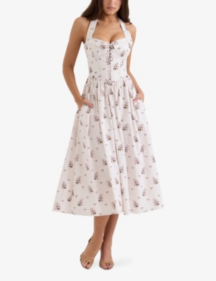 House Of Cb Womens Berry Spot Cream Emilia Halter-neck Cotton Midi Dress In White