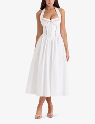 House Of Cb Of Cb Womens White Emilia Halter-neck Cotton Midi Dress In White