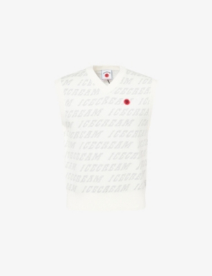 Icecream Mens Grey Repeat Logo V-neck Cotton And Wool Vest Xl