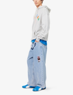 Icecream Mens Heavy Wash Blue Running Puppy Triple Scoop Wide-leg Denim Jeans In Blue