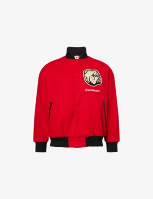 ICECREAM MENS RED BULLDOG APPLIQUE BRUSHED-FLEECE VARSITY JACKET 