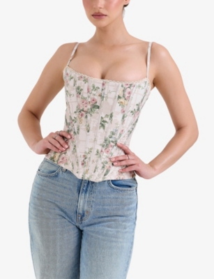 HOUSE OF CB: Cadie Ribbon-Print Cotton Corset Top
