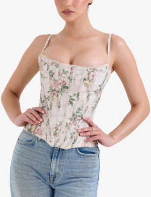 House Of Cb Womens White Cadie Ribbon-print Cotton Corset Top