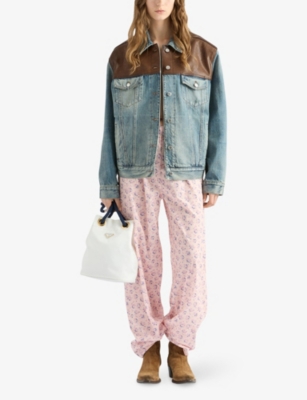 Prada Womens Blue Logo-embellished Denim And Leather Blouson Jacket Xs