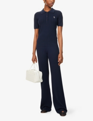 SPORTY & RICH: Ribbed Logo-Embroidery Knitted Polo Shirt