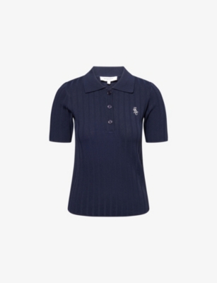Sporty And Rich Womens Ribbed Logo-embroidery Knitted Polo Shirt Dark Navy In Blue