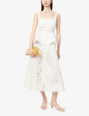 SELF-PORTRAIT: Peplum Embroidered Linen And Cotton Midi Dress