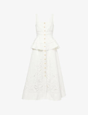 SELF-PORTRAIT: Peplum Embroidered Linen And Cotton Midi Dress