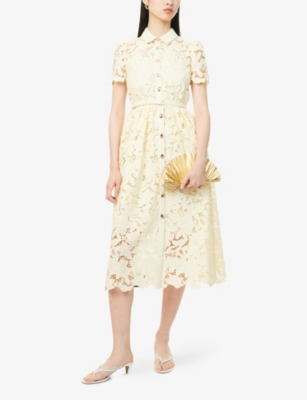 SELF-PORTRAIT WOMENS YELLOW LACE COLLARED WOVEN MIDI DRESS 