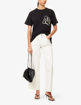 ANINE BING WOMENS BLACK LETTERMAN EMBROIDERED COTTON T-SHIRT XS 