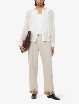 KARTIK RESEARCH: Embroidered Straight-Leg Linen Trousers