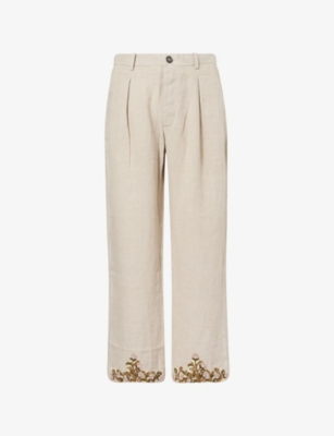 KARTIK RESEARCH: Embroidered Straight-Leg Linen Trousers