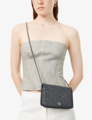 RESELFRIDGES: Pre-Loved Chanel Studded Camellia Leather Wallet-on-Chain