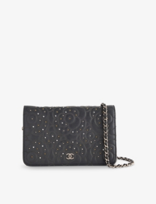 RESELFRIDGES: Pre-Loved Chanel Studded Camellia Leather Wallet-on-Chain