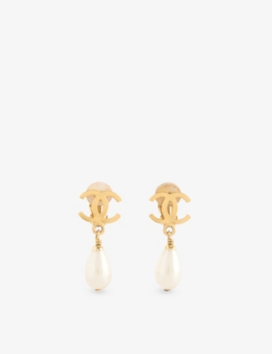 RESELFRIDGES: Pre-Loved Chanel Pearl Drop Metal Clip-On Earrings