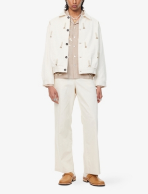 Shop Kartik Research Mens Ecru/white Pleated Embroidered-motif Cotton Jacket
