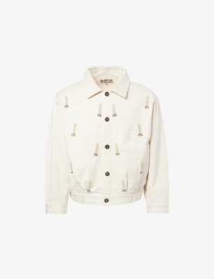 Shop Kartik Research Mens Ecru/white Pleated Embroidered-motif Cotton Jacket