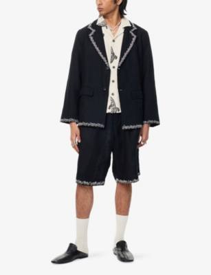Shop Kartik Research Mens Black/white Notched-lapel Embroidered Linen Blazer